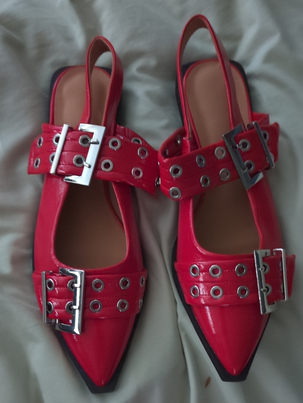 Red Pointed Slingback Mules with Buckle & Eyelet Straps